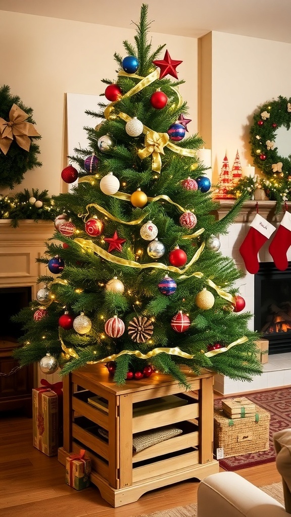 Creative Christmas Tree Stand Ideas A Christmas tree in a rustic wooden crate stand, decorated with lights and ornaments in a cozy living room.